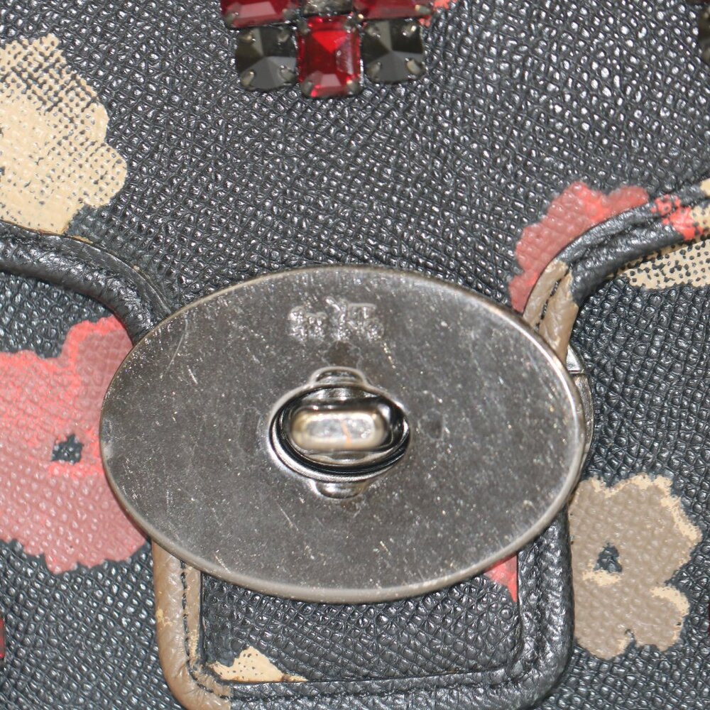 COACH FLORAL SATCHEL CROSS BODY BAG WITH RED CRYSTAL CLUSTER TO FRONT - Picture 4 of 5